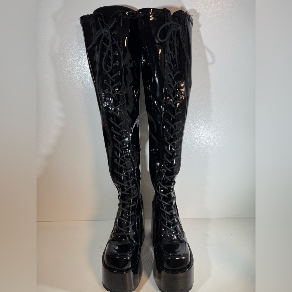 Demonia Camel 300 Black Patent Thigh High Lace-Up Boots Demonia Cult Original